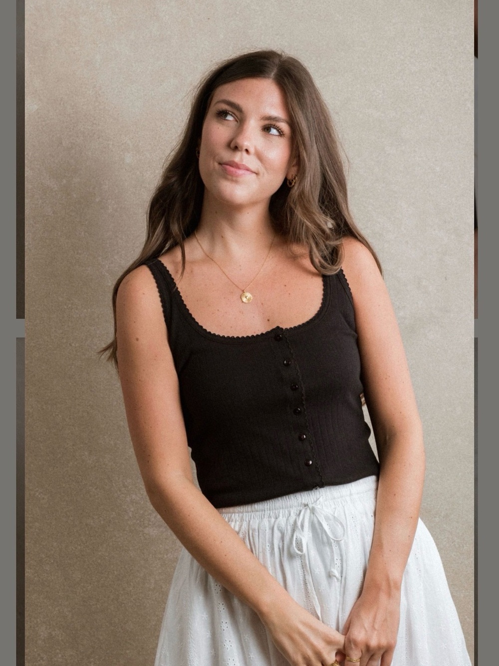 Neuflora Henley Ribbed Button-Front Black Tank Top - Scallop Trim NWT XS